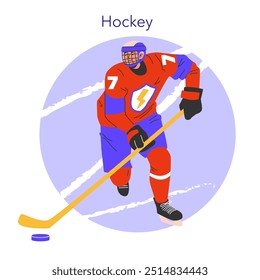 Winter sports concept. Hockey player in action on the ice, poised to chase the puck. Dynamic indoor game and athletic skill. Vector illustration.