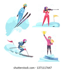 Winter sports concept icons set with skiing and biathlon symbols flat isolated vector illustration