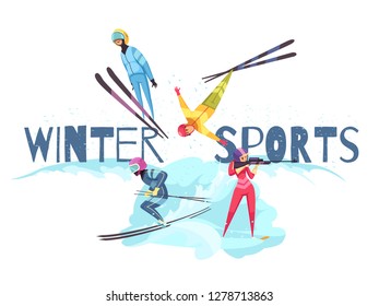 Winter sports concept with jumping alpine skiing and biathlon symbols flat isolated vector illustration
