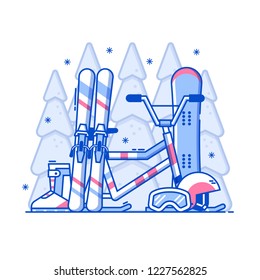Winter sports concept in line art. Snow activities equipment and gear such as ski, snowboard, helmet and snowmobile. Snowboarding and skiing winter holidays illustration for web and applications.