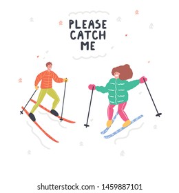 Winter sports concept. Please catch me - cute hand drawn lettering. Cute hand drawn cartoon characters. People do winter sports workout