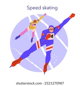 Concepto de deportes de invierno. Dos atletas en poses dinámicas de patinaje de velocidad sobre hielo con determinación y enfoque. Ilustración de actividad de invierno competitivo. Ilustración vectorial.