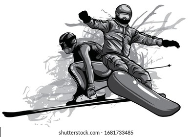 Winter sports. Couple man and woman with a snowboard and skis. Vector illustration in a flat style