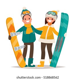 Winter sports. Couple man and woman with a snowboard and skis. Vector illustration in a flat style