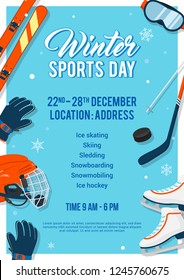 Winter Sports Day poster invitation Vector illustration. Winter sport equipment on blue background.