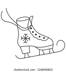 Winter sports design with white hanging ice skate footwear for girls. Beautiful magical Christmas frozen illustration, simple modern vector Nordic illustration, EPS transparent icon with snowflake