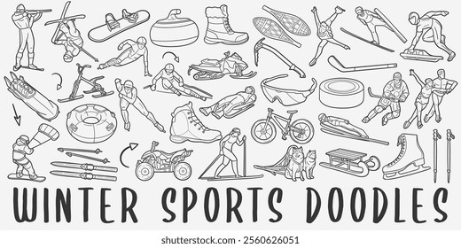 Winter Sports Doodle Icons Black and White Line Art. Wintry Season Clipart Hand Drawn Symbol Design.