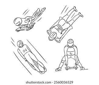 Winter sports doodle set with athletes sledding in various positions, including skeleton and luge. Vector winter sport outline drawing on white background. Perfect for coloring pages