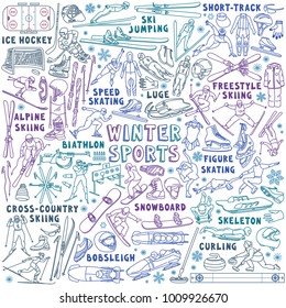 Winter sports doodle set. Figure skating, ice hockey, ski jumping, snowboarding, curling, biathlon and other activities.