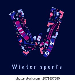 Winter sports elements doodle cartoon style. Cold seasonal activities outdoor. Hand drawn vector digital illustration.