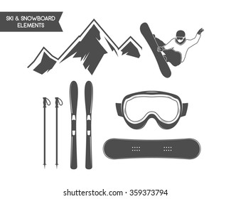 Winter sports elements. Snowboard, ski symbols. Outdoor adventure icon. Travel hand drawn and hipster monochrome insignia for logo, infographics, labels, badges. Camping emblem. Wilderness Vector.