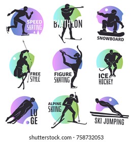 Winter sports emblems set with silhouettes of people involved in ski jumping free style biathlon ice hockey luge flat vector illustration