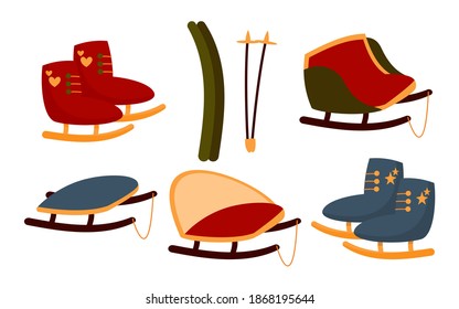 Winter sports equipment, activity holiday time outdoor. Set of flat cartoon sleigh, skiing or skates. Collection traditional Christmas mode transport for children Isolated on white vector illustration