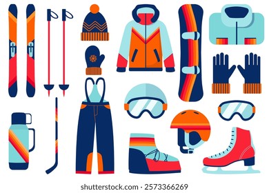 Winter Sports Equipment collection - snowboard, ski, clothes, skates, vector elements.