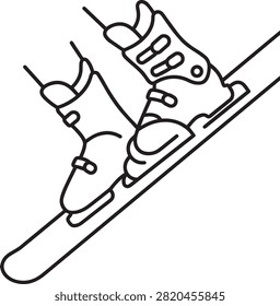 Winter sports equipment featuring pair of ski boots locked onto long boards for snowy mountain slopes recreation activity.