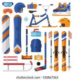 Winter sports equipment and gear set. Ski, skates, snowmobile, hockey, curling, snowboard and sleds. Snow extreme games accessories vector icons. Snowboarding and skiing helmets, goggles and gloves.