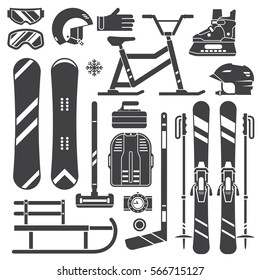 Winter sports equipment and gear silhouette set. Ski, skates, snowmobile, hockey, curling, snowboard and sleds. Snow games outline vector icons. Snowboarding and skiing helmets, goggles and gloves.