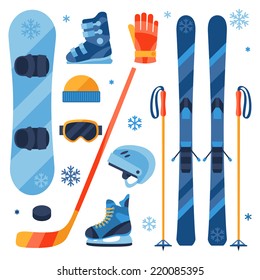 Winter Sports Equipment Icons Set In Flat Design Style.