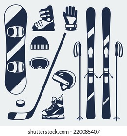 Winter Sports Equipment Icons Set In Flat Design Style.