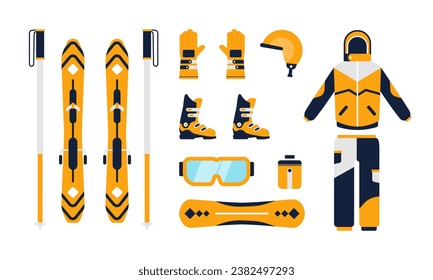 Winter sports equipment icons set in flat design style.Winter sport equipment. Vector icons set with snowboard, ski, gloves, helmet, sled, jacket, pants. Illustration of winter sporting accessories. 