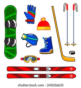 Winter sports equipment icons set with snowboard, ski, glove, helmet and glasses