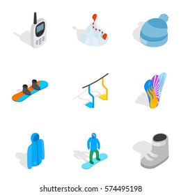 Winter sports equipment icons set. Isometric 3d illustration of 9 winter sports equipment vector icons for web