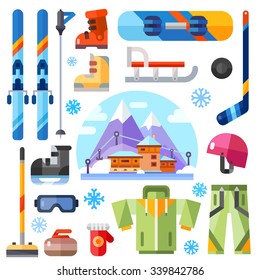 Winter sports equipment set: ski, skates, hockey, curling, mountain extreme sports, snowboarding, mountain ski suit, snowboard suit, goggles. Flat vector stock illustration. 
