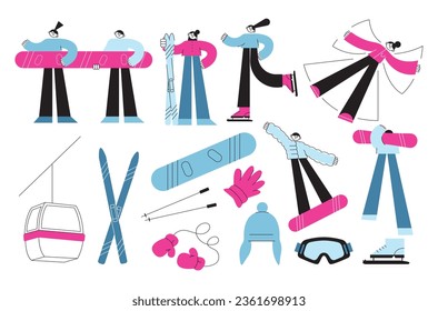 Winter sports equipment set. Skiers and snowboards, mountains ski jumping.  People active poses snowboard, ski, gloves, glasses, hat, ski lift, skates. Mountain skiing and skating activity on holidays