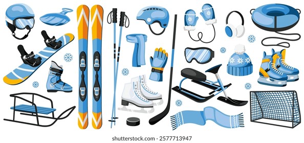 Winter sports equipment set with skiing gear and accessories. Vector illustration