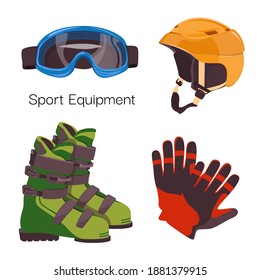 Equipamiento deportivo de invierno. Iconos del equipo de Snowboard: casco, gafas, botas, guantes. Deportes de invierno extremos. Un conjunto de equipamientos para los deportes de invierno con fondo blanco. Ilustración del vector