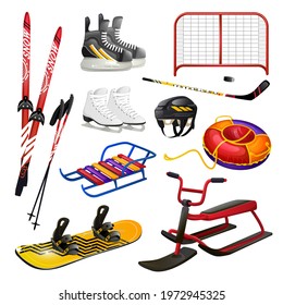 Winter sports equipment set. Sporting accessories vector illustration. Skiing, ice hockey, snowboarding, biathlon, skating, sled, tubing. Vector illustration
