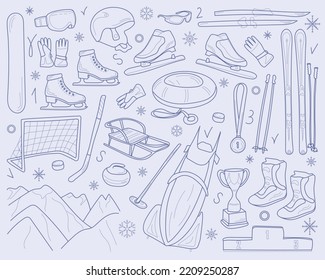 Winter sports equipment: skiing, snowboarding, sledding, clothing, hockey. Isolated vector objects. Elements of sports games in contour style, doodle.