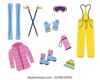 Winter sports equipment. skis, gloves, hat, jacket, pants and thermos. Illustration of accessories for winter sports. Vector illustration.