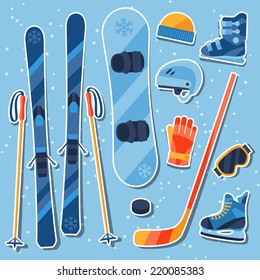 Winter sports equipment sticker icons set in flat design style.