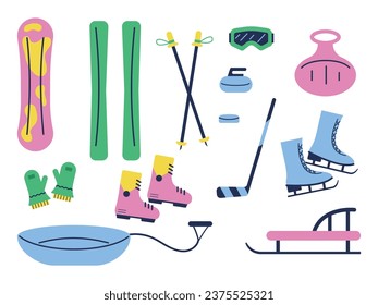 Winter sports equipment. Vector icons with snowboard, skis, gloves, sled, hockey stick. Illustration of accessories for winter sports. Skiing and skating on holidays.