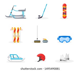 Winter sports equipment vector illustrations set. Ski, sled, ice skates and snowboarding isolated design elements. Winter protective equipment, helmet, goggles. Extreme mountain recreation