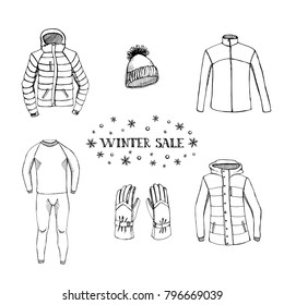 Winter sports equipment and wear/ Winter clothing icons in sketchy style/ Hand drawn vector illustration