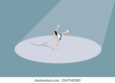 Winter sports. Figure skating. A figure skater performs a swallow, camel spiral, in women's singles skating under the spotlight