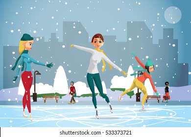 Winter sports. Figures Skating. Women skating at the rink in the day. Flat cartoon vector illustration