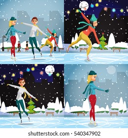 Winter sports. Figures Skating. Women skating at the rink in the day. Flat cartoon vector illustration