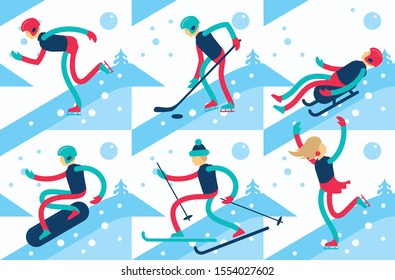 Winter sports flat icons including cross country, freestyle skiing, snowboarding, speed skating, bobsled and figure skating. Male and female sportsman.