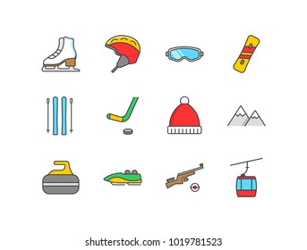Winter sports flat line colored icons set with figure skating shoes, ski helmet, glasses, snowboard, hockey, knit hat, mountains, curling, bobsleigh, biathlon, cable car.