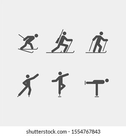 Winter sports flat vector icons set. Skiing, skating flat vector icons