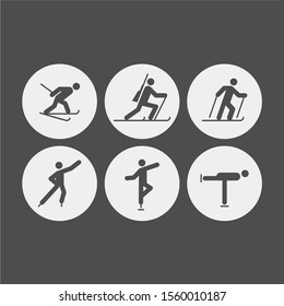 Winter sports flat vector icons set. Skiing, skating flat vector icons