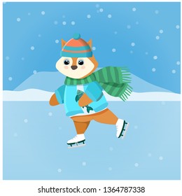 Winter sports, fox on skates on ice skating, animal in winter clothes hat, scarf and jacket. Cartoon vector illustration on background.