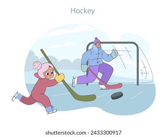 Winter sports fun. A child and parent enjoy a playful game of hockey on ice. Capturing the spirit of winter activities and family bonding.