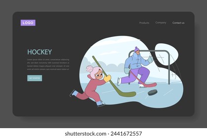 Winter sports fun. A child and parent enjoy a playful game of hockey on ice. Capturing the spirit of winter activities and family bonding.