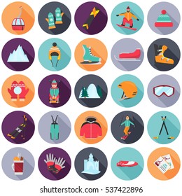 Winter Sports And Fun Color Flat Icons Set