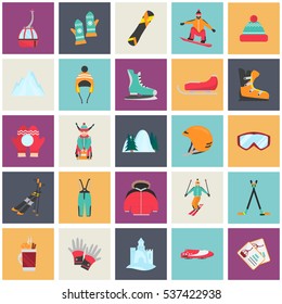 Winter Sports And Fun Color Flat Icons Set