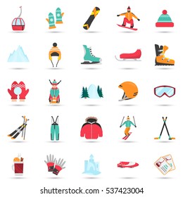 Winter Sports And Fun Color Flat Icons Set